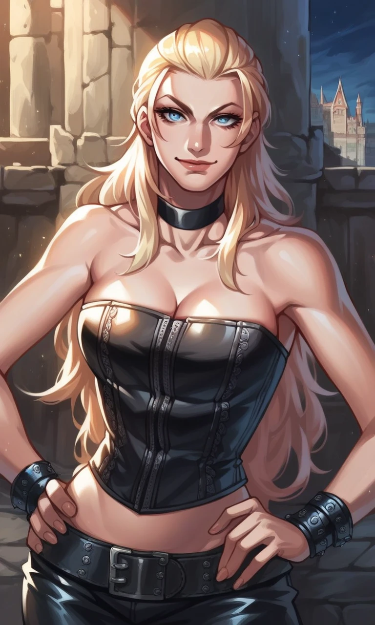 score_9, score_8_up, score_7_up, score_6_up, source_anime, BREAK masterpiece, TRISH, hair slicked back, blue eyes, bustier, cleavage, midriff, leather pants, choker, castle, night, hand on own hip, looking at viewer, 1girl, best quality, seductive smile, bracelet, 