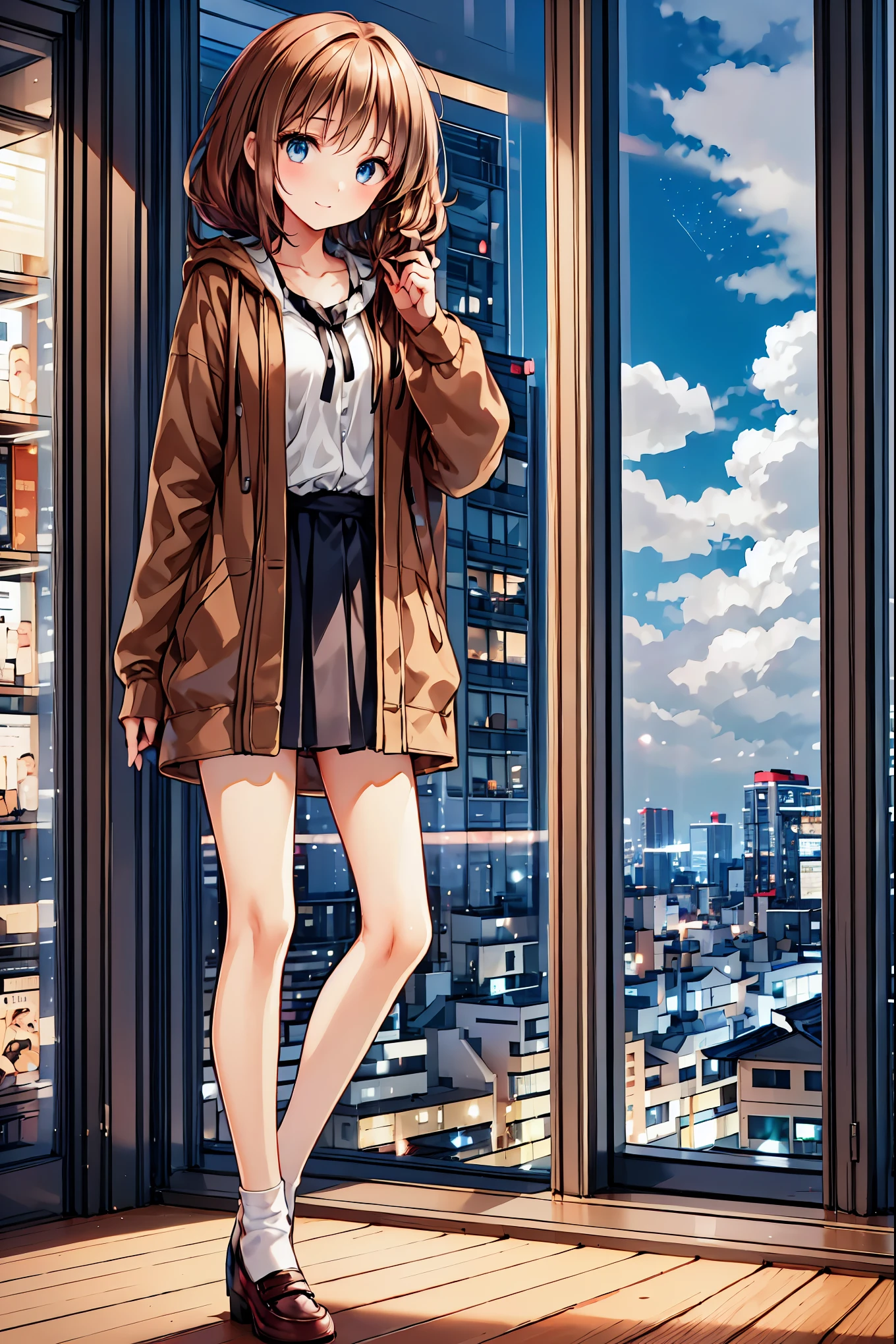 Winter clothes、Red coat、Bare legs、(   top quality ,masterpiece:1.3,    Ultra Fine ),(    very detailed,    caustics,8k),(    realistic :1.4,RAW shooting),18 years old,    Japanese    ,    cute,  Looking at the camera and smiling   ,(    Focus on Face   :1.2),(    face close-up  :1.2),(Low position:1.3),(    low angle:1.4),  brown hair，    shortcuts，    slender beauty    ，    messy hair，Cityscape，  brown hair，   shortcuts，   tousled hair ，  short braided hair，Neat，  Slender and beautiful woman ，Correct posture，  small breasts，   Beautiful Legs，   Enchanting gray-blue eyes shine like stars，Droopy eyes，   bright color ,   beautiful eyes,A delicate smile,  Textured Skin, BEST QUALITY BEST   ,   A humorous parody of a gentle and beautiful woman   ,   anime style､