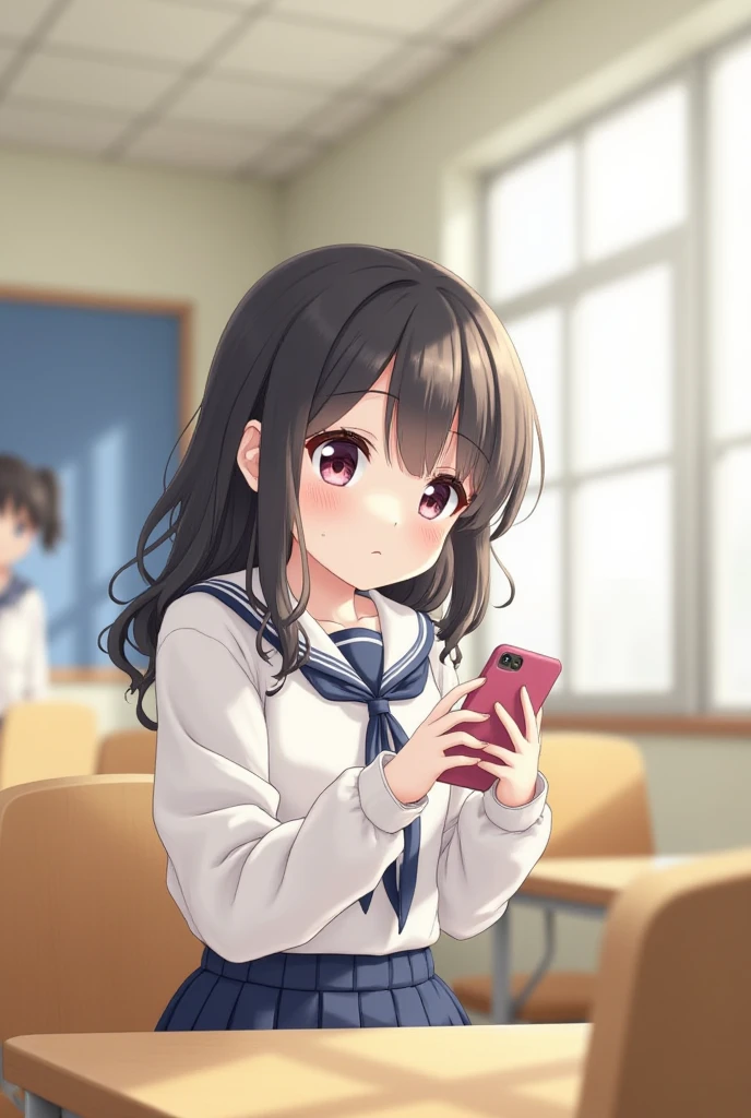  chibi,Moe,A female student with black hair with wavy hair is looking at her phone in the classroom