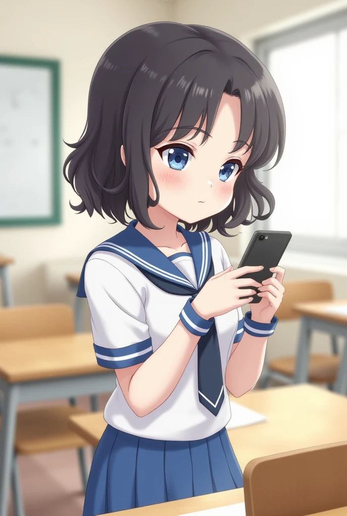  chibi,Moe,A female student with black hair with wavy hair is looking at her phone in the classroom