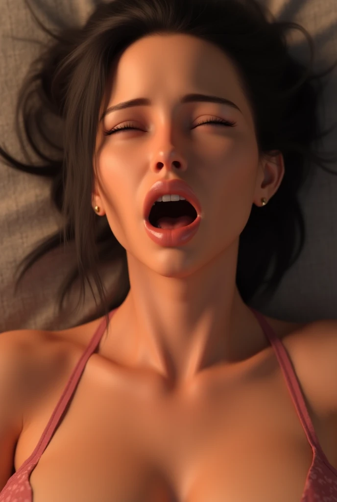 Japanese mature mother，  full lips,(body fluid,Male reproductive organs), licking,from above,shoulder cutout,,looking up,no pupils,empty eyes,drooling,messy_hair,open mouth,,，UHD, masterpiece, high details, high quality, best quality,  highres icon