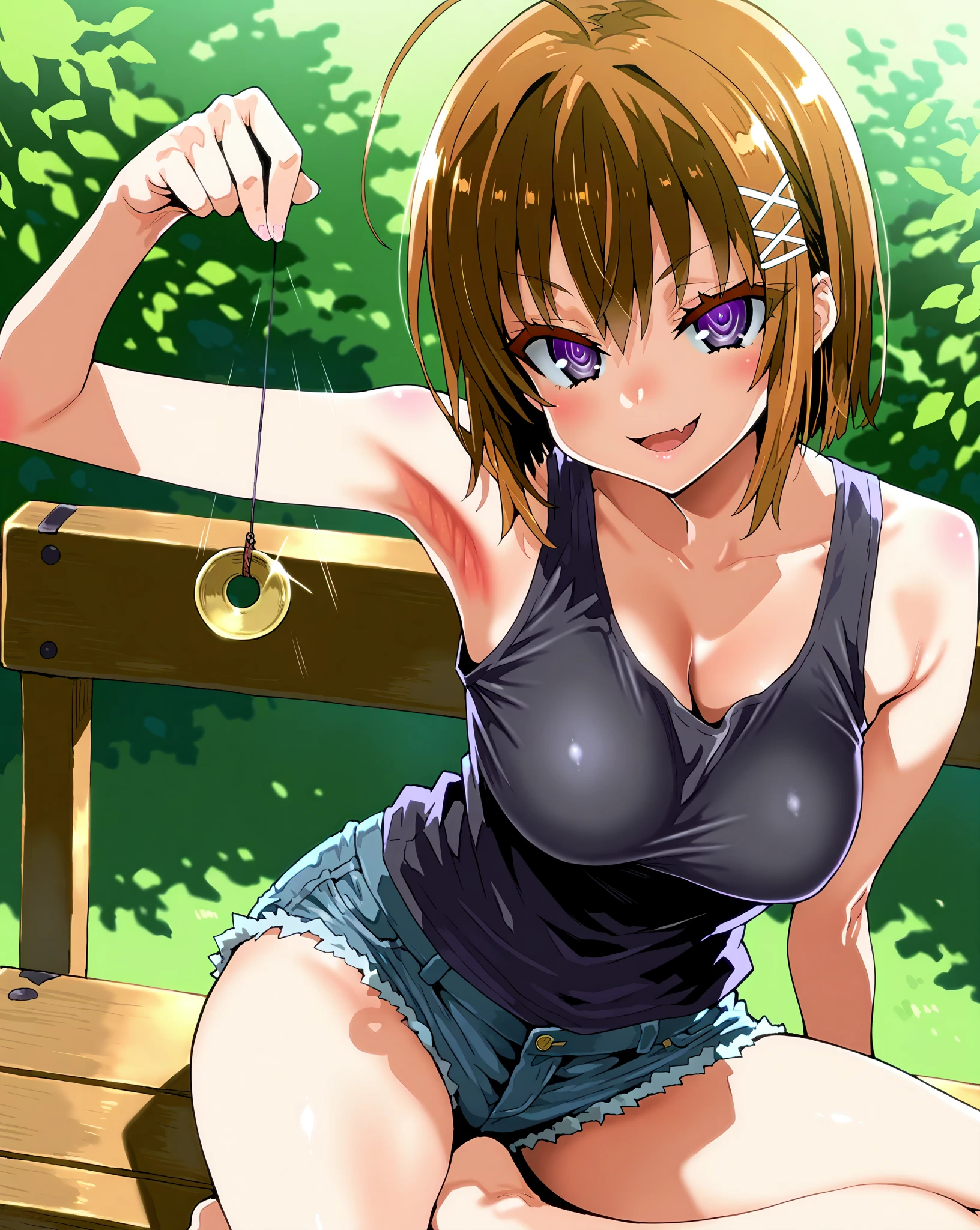 score_9, score_8_up, score_7_up, 1girl,solo, style asanagi, seduce,seductive, beautiful smile, smirk, breasts, medium breasts, in the park, she is holding a pendulum in one hand \(hypnotist holding a pendulum\), ((holding pendulum)), holding string, perfect hands, one hand up,, bare hands, tank top, denim shorts, side view, turning side, armpit focus, open mouth, smirk, looking at viewer, sitting on a wooden bench, sitting (indian style), one leg up, masterpiece, high quality, absurd resolution, beautiful hands, ringed eyes, haruna, short hair, brown hair, purple eyes, ahoge, hair ornament, x hair ornament