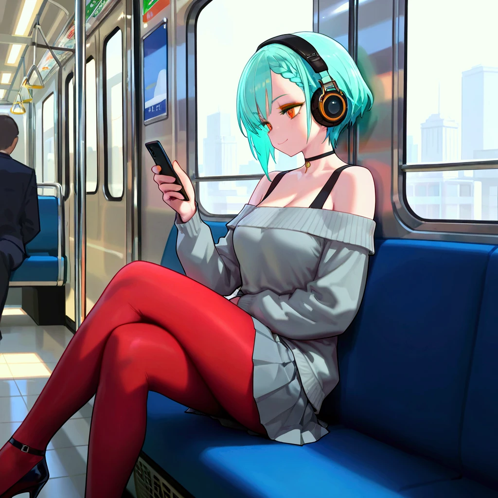 Masterpiece, Best quality, Ultra-detailed, illustration, Beautiful detailed eyes, Cute cat girl,Short hair, ((White hair)), (Green hair), (Gradient hair :1.5), (Big hair :1.4) , Cyan eyes, ((sitting in the train seat)),Floating white silk, Stars in Eyes,Perfect hands,nice hand,Perfect legs,Perfect body, ((full body)),