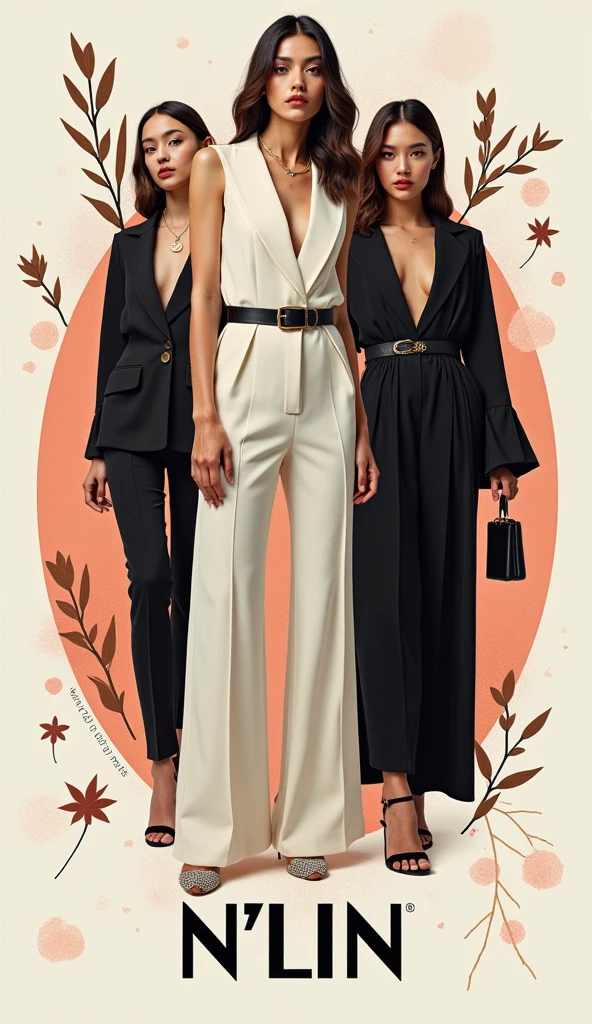 Create a fashion poster for the brand N'Lin, showcasing its chic and trendy style. The poster should appeal to young women aged 25-30, highlighting the brand's focus on fashionable and contemporary designs. Use a sleek and modern aesthetic with high-quality visuals that exude sophistication and style. Incorporate elements like bold typography, elegant models, and a clean layout that reflects the brand's identity as a leader in high-end fashion for young, stylish women. The overall design should convey a sense of exclusivity, confidence, and cutting-edge fashion.