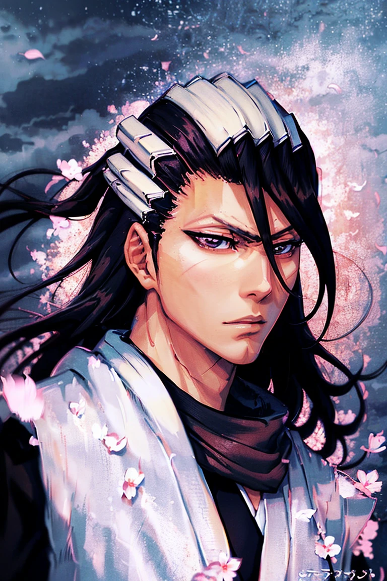 Portrait from afar, kuchiki byakuya  ( anime character from anime bleach ),  handsome man ,  Elegance , Confident,  dramatic composition ,  long black hair ,  Calm facial expression,  flowing scarf ,  black and white outfit , night sky,  flying sakura flowers  ( around character ),  mysterious atmosphere ,  cinematic perspective, no facial hair ,  Anime style 