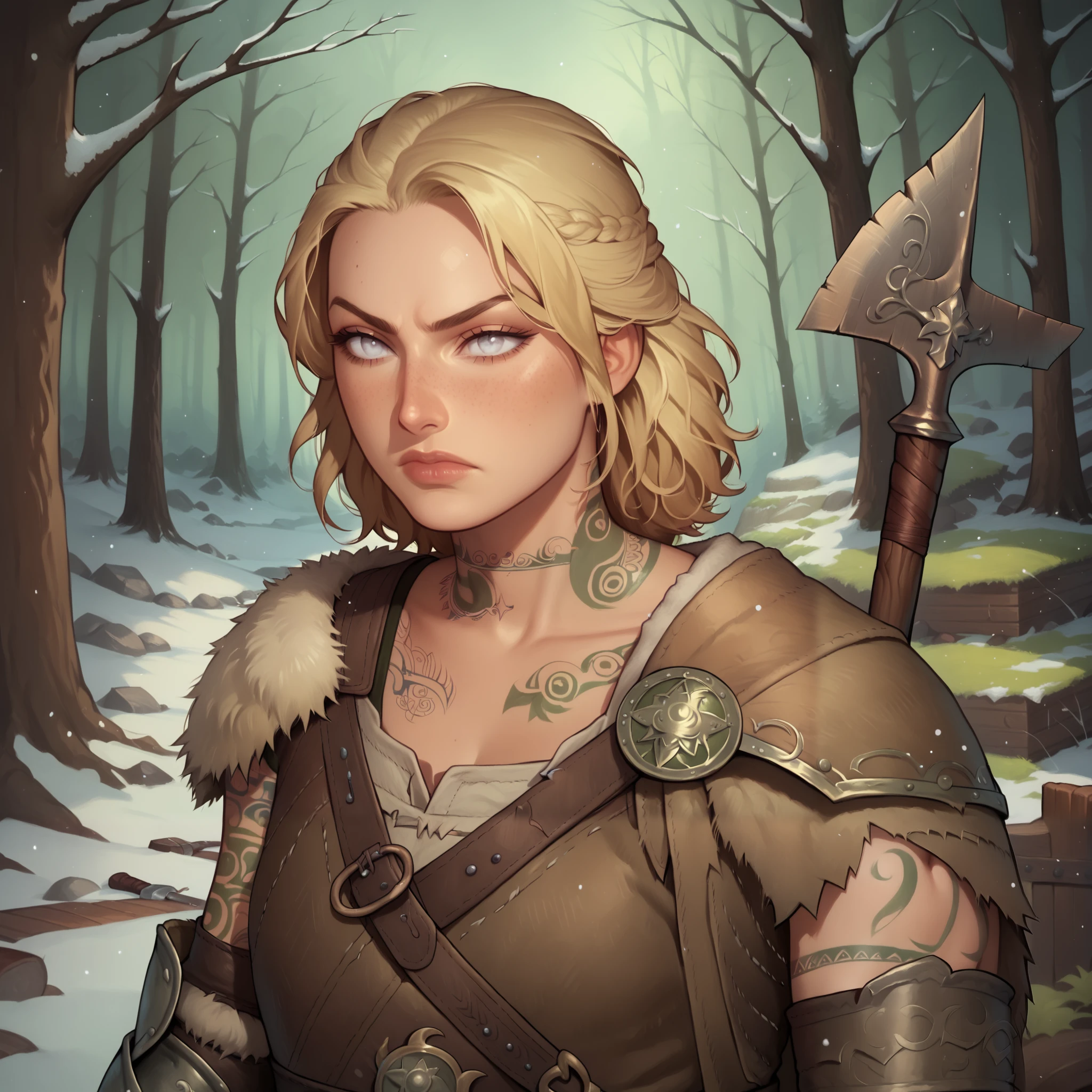 (((beautiful, high quality, comics style, detailed face))), score_9, score_8_up, score_7_up, BREAK, human, 1woman, tall, slender, short straw blonde hair:1.2, white eyes, green tattoos, tentacles tattoos, neck tattoos, viking, scale mail armor, has a wooden shield and a spear, solo, portrait, upper body, portrait, serious expression, at night, snow forest background, fantasy, Expressiveh, detailxl