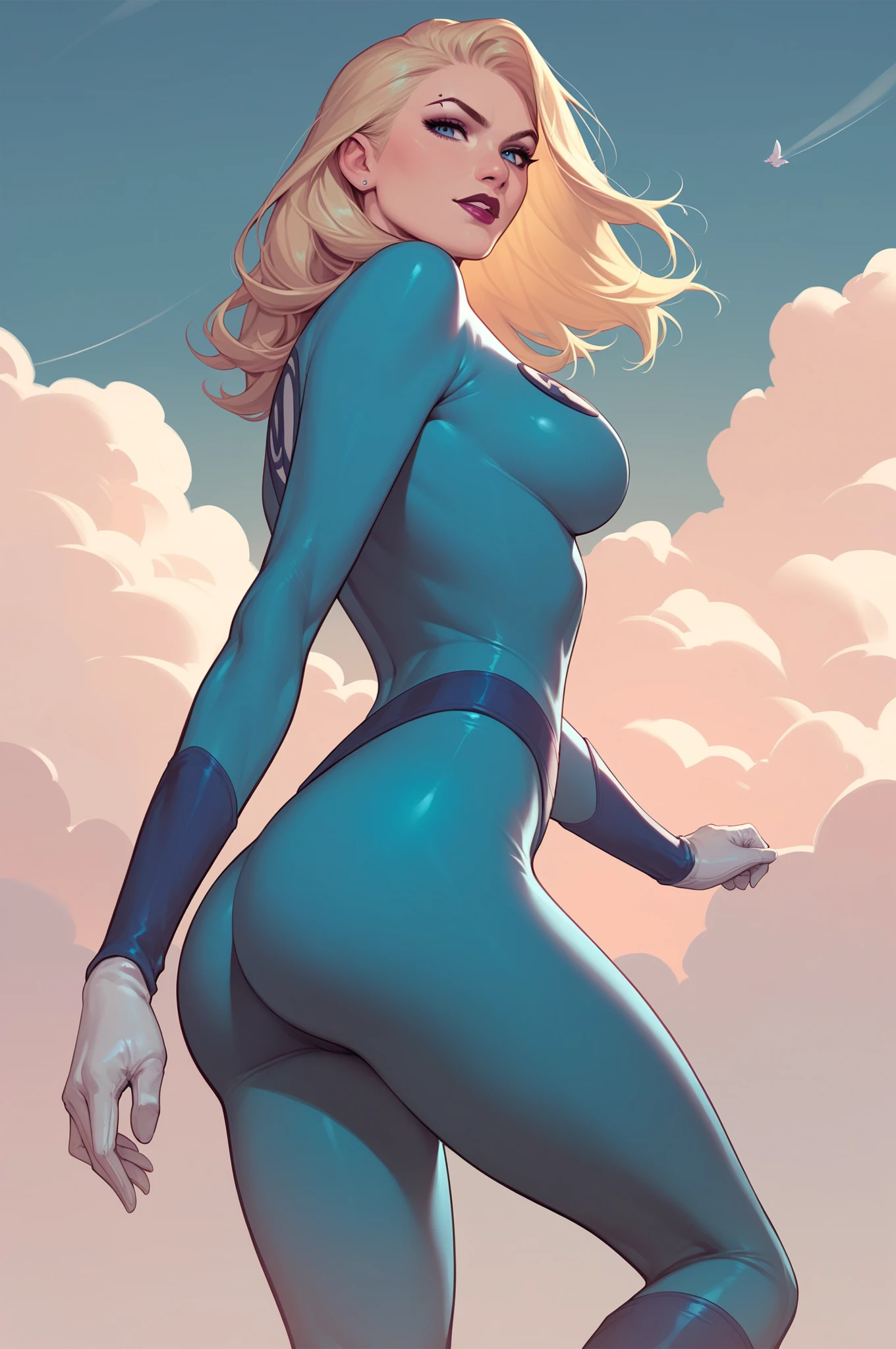 girl, body fit transparent latex suit, blonde, blue eyes, Hyper Realistic, masterpiece