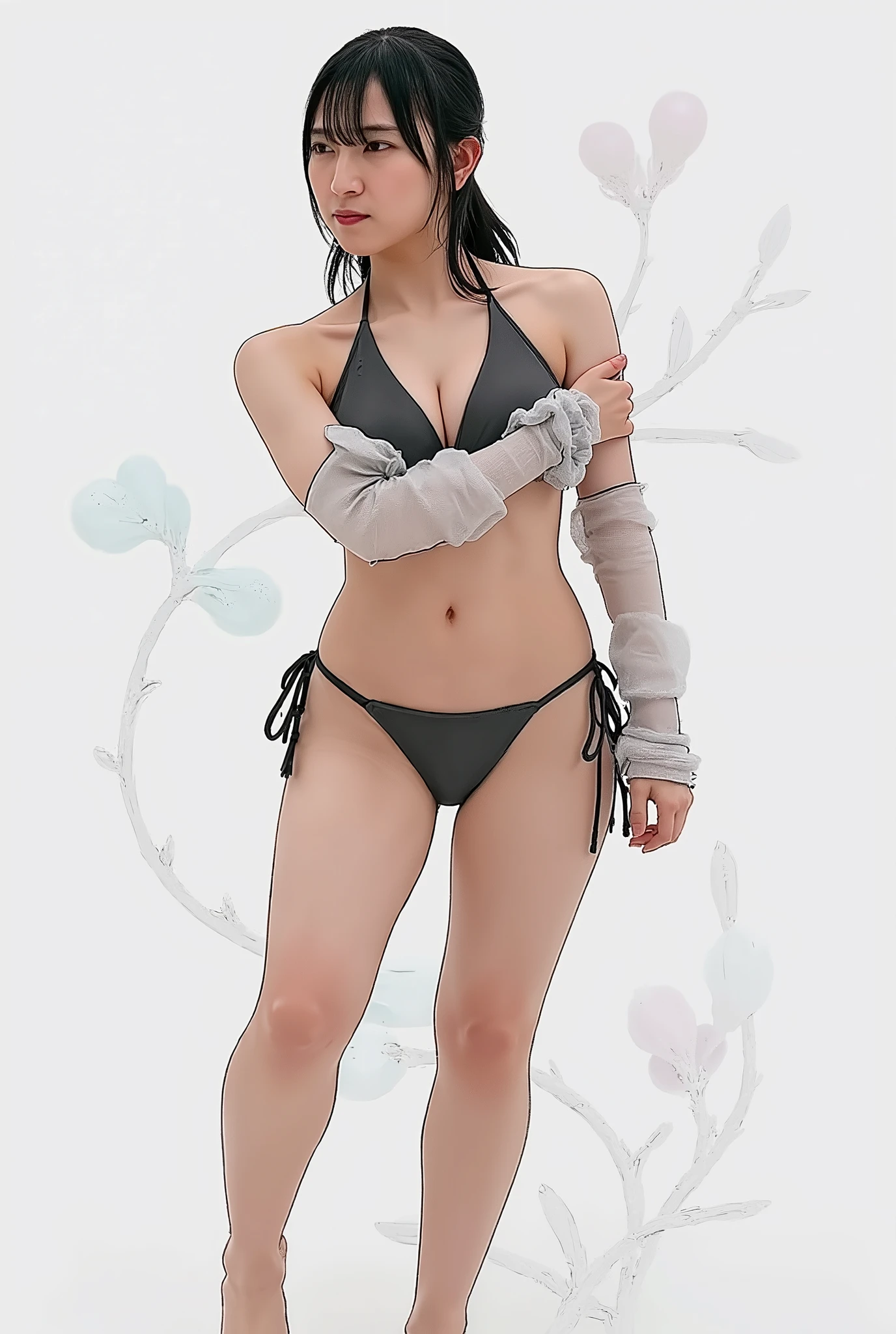 ((((Highest quality))))、(((Ultra-precision CG16K wallpaper)))、(((masterpiece)))、(((Super detailed)))、(((Extreme detail)))、((１Mature 29 year old woman:1.6))、((Very beautiful Japan face of a person))、((Urizane Face:1.8))、((Medium Straight Hair:1.8))、(Shiny Hair)、A delicately drawn beautiful face、(Dark Eyes、Reflected light from the eye)、double eyelid、High nose、Small nostrils、Small Mouth、Seductive lips、Beautiful breasts、((C cup size breasts))、Cleavage、Small belly button、Delicate nails、Beautiful feet、Thin thighs、eight-headed body、Perfect proportions、Perfect Anatomy、Perfect composition、Beautiful detailed shading、Beautiful, natural lighting、Beautiful detail glow、Depth of written boundary、(((High chroma)))、(((Real:1.9)))、((vivid:1.5))、((Beautiful Skin))、((Skin Texture))、((Realな皮膚感))、(((Cowboy Shot:1.6)))、(((front view、shoot from front、front low angle:1.6)))、(((smile:1.6)))、(((looking at viewer:1.6)))、Bright daylight、Natural light、(((background_Ski resort、Snow Mountain:1.5)))、(Standing pose:1.6)、(((Navy blue bikini swimsuit:1.6)))、((Pink knit hat、Pink wool scarf、Pink wool gloves、Wearing earrings:1.5))、