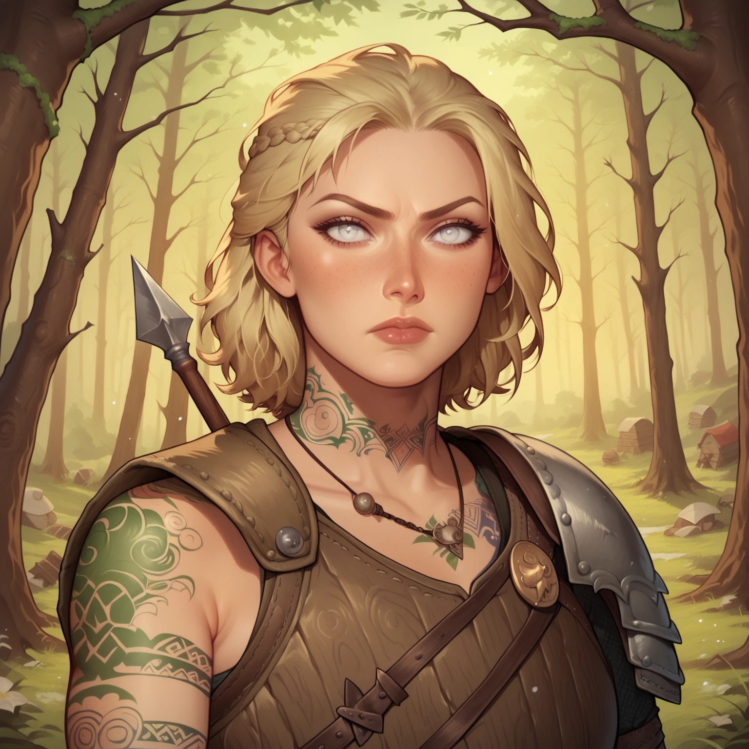 (((beautiful, high quality, comics style, detailed face))), score_9, score_8_up, score_7_up, BREAK, human, 1woman, tall, slender, short straw blonde hair:1.2, white eyes, green tattoos, tentacles tattoos, neck tattoos, viking, scale mail armor, has a wooden shield and a spear, solo, portrait, upper body, portrait, serious expression, at night, snow forest background, fantasy, Expressiveh, detailxl