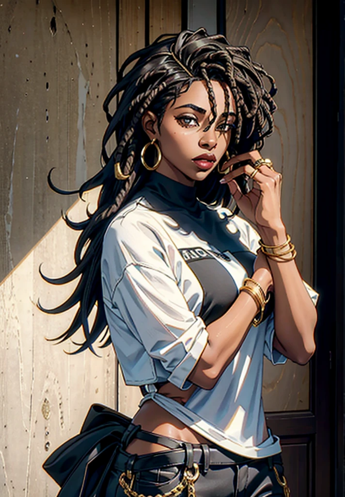 1female, huge ass, dark skin, dreadlocks, ponytail, expressionless, hazel eyes, brown hair, white shirt, baggy black pants, city background, detailed background, hands to side, sexy expression, back to the camera, displaying back, looking spectator