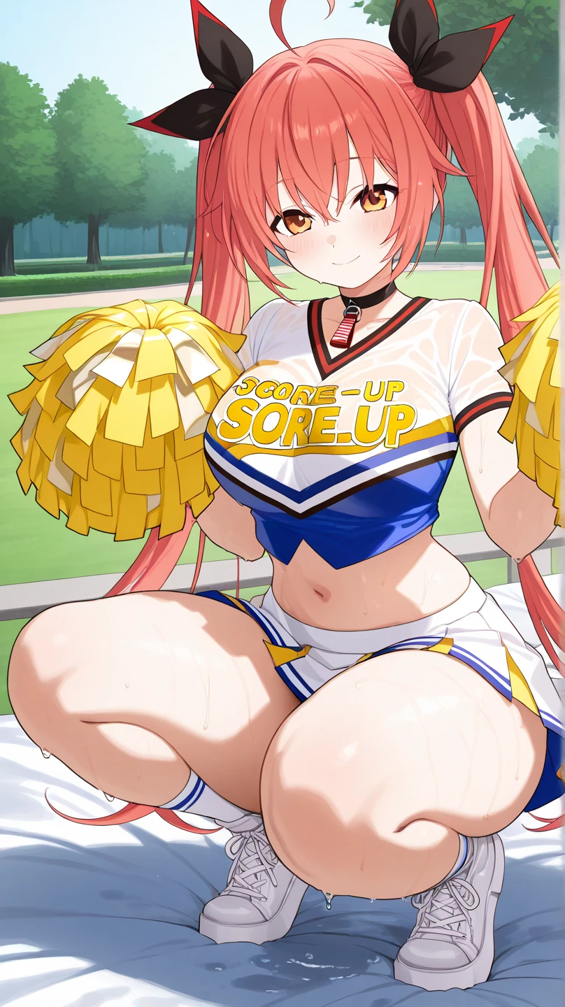 NSFW,masterpiece,Highest quality,High resolution,Very detailed,white\(no game No life\),Long Hair,Multicolored Hair,Hair between the eyes,Gradient Hair,Yellow Eyes,Small breasts,ponytail,(Cheerleader),See-through,Tank top,Crop top,Micro Mini Skirt,Groin,Hip joint,open crotch lace panties,Knee-high socks,Thigh straps,sports boots,baseball Ground,Audience seats,fence,Frustrated face,blush,Sticking out tongue,Sweat,sexual excitement,(Ecstasy face),((Squirting)),(orgasm),(Trembling),Are standing,Leg spread,(Remote Control Vibrator)