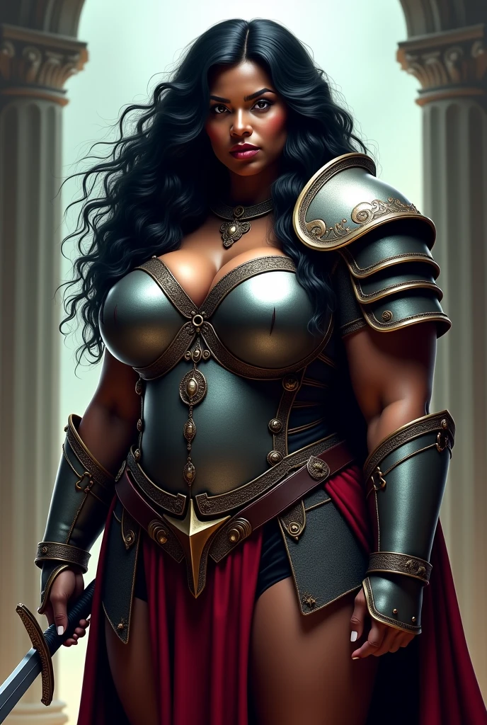 A woman dressed as a MEDIEVAL WARRIOR, Steel sword in hand, Concentrate on the front part, becomes a curvy physique, Beyonce in shape toned, thick, thick thieves, Beyonce in shape, fit woman, fitness model, muscular thicc thighs , Physical aptitude, thicc thighs! toned body, Giant tits, ebony skin tone, Long wavy hair, Giantess woman, Fine body, on battlefield, chuva pesada, fog, body soaking wet, cinematic: black andwhite, Excellent lighting