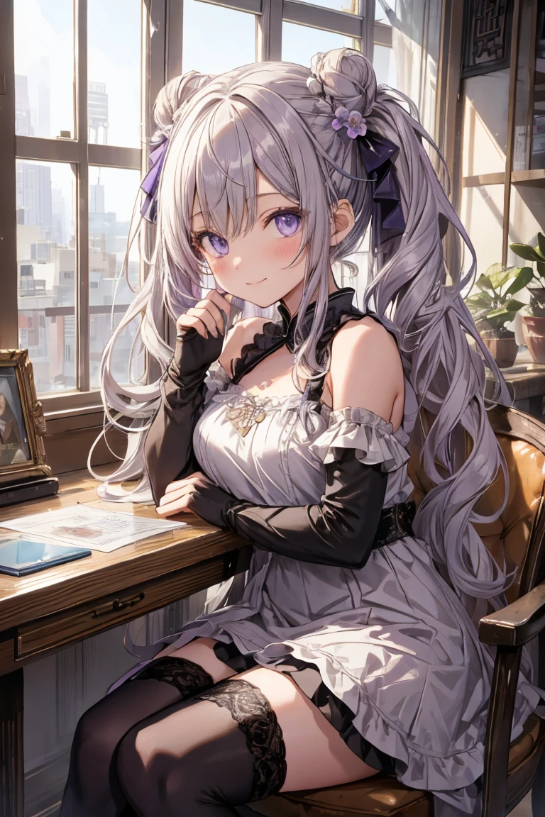 (masterpiece), (best quality), detailed, a otaku girl, soro, twintails, long wavy hair twintails.hairs between eyes,dark blue eyes ,smile, masterpiece, best quality, newest,(perky chest:1.2), (pointed chest:1.2),(from below:1.2,Best Quality),a girl , platinum color hair、Keqing (Genshin Impact), 1 girl, solo, eyes, purple eyes,hair, purple hair, bun, double bun, twintails, bun, long hair, bangs, hair ornament, flower hair ornament, purple flower, white flower, violet flower, dress, Chinese dress, Chinese clothes, dark purple dress, floral print, breasts, small breast, gloves, black gloves, elbow gloves, sleeveless, bare shoulders, feather boa, white feather boa, thighhighs, black thighhighs scenery, plant, architecture, lantern, east_asian_architecture, table, potted plant, teapot, flower pot, paper_lantern, vase, tree, cup, holding, holding fan, fan, moongate, sky, sitting, sitting on,chair, day, teacup(masterpiece:1.2), (best quality:1.2), (very aesthetic:1.2), (absurdres:1.2), (detailed background:1.1), newest, ai-generated, safe, (with sparkling eyes and a contagious smile),her thin pubic hair:1.2, looking at viewer