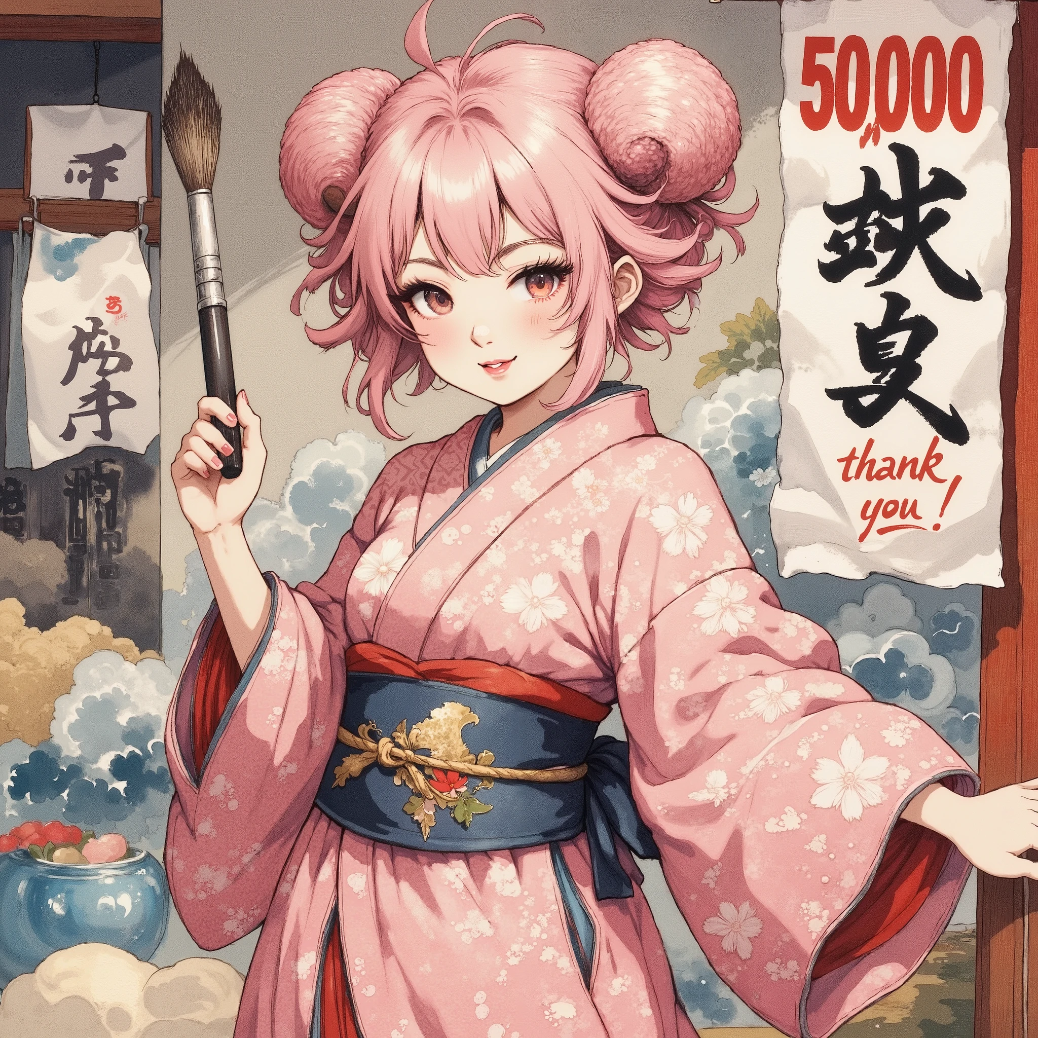 masterpiece:1.3,  highres icon:1.3, (Brush painting, Alone:1.2, Large brush letters written on paper "Fifty thousand " " thank you" ), One Girl \She has fluffy pink hair tied up:1.5\Round sheep horns:1.2\Thick eyebrows:1.1\Brave expression, smug face:1.5,  pink furry sleeve \long-sleeved kimono:1.5, Waving a human-sized brush :1.4, Large brush letters written on paper "Fifty thousand " " thank you" written on paper on the hanging scroll "Fifty thousand " break "Fifty thousand " Japanese style room:1.3,  vivid brush illustration, ( dynamic pose:1.3)