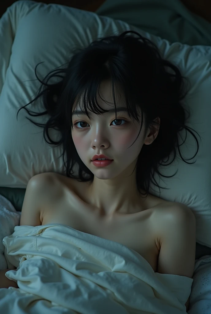 Long Summer Night、A beautiful young Japanese woman is lying in bed、The woman is wearing a sheer gown..、Anxiety waiting in the car