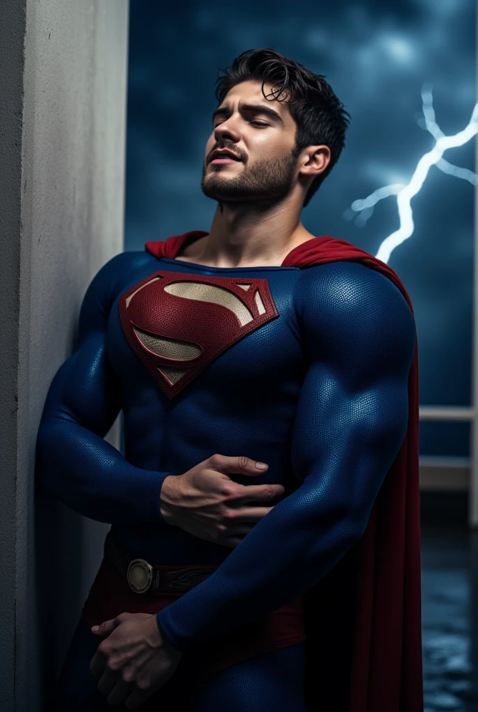 A muscular attractive Cody Christian, dressed in tight blue Superman suit, a red cape falls behind his shoulders, stands against a wall, His facial expression appears pained or exhausted, with an expression of pain, with his head tilted slightly upward, with his mouth slightly open and his eyes closed, his hand is placed on his side abdomen, the blood in his hands suggests he is injury. Dark clouds lightning background, night lighting, cinematic and moody, (best quality,4k,8k,highres,masterpiece:1.2),ultra-detailed,(realistic,photorealistic,photo-realistic:1.37),HDR,studio lighting,professional,vivid colors,dramatic lighting