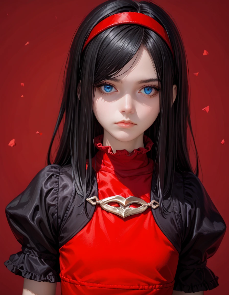 score_9, score_8_up, score_7_up, 1girl, solo, rg1rl, black hair, long hair, red hairband, blue eyes, puffy sleeves, short sleeves, red dress, looking at viewer, expressionless, upper body, red background, outside border