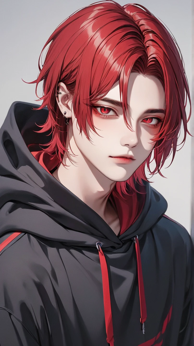 Young boy with handsome face, short red hair, Japanese haircut, gray eyes, long eyelashes, black collar, Japanese , behind broken glass, red liquid, sad expression, ultra-detailed, in shadow. 