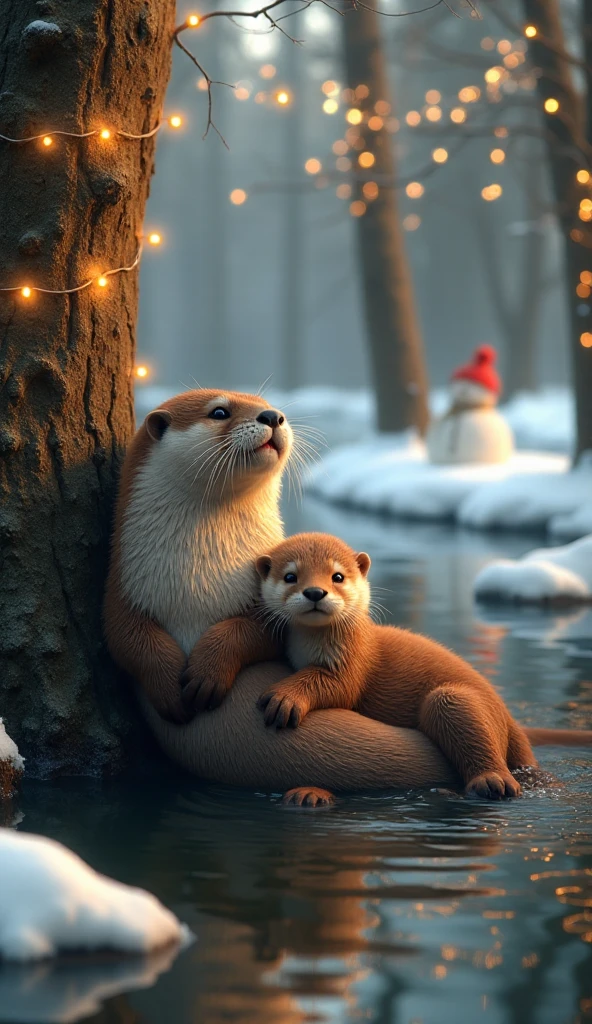  Two beautiful otters mom and daughter. With soft and silky hair . The mother is lying in the water of a river attached to a trunk with the text HAPPY 2025 and the otter daughter lying on her mother's belly opening up from the cold.  Both radiate luminosity and joy .  There are trees with garlands of lights around .  There are snow and a snowman . There are several trunks . undefined, undefined, undefined, undefined, 