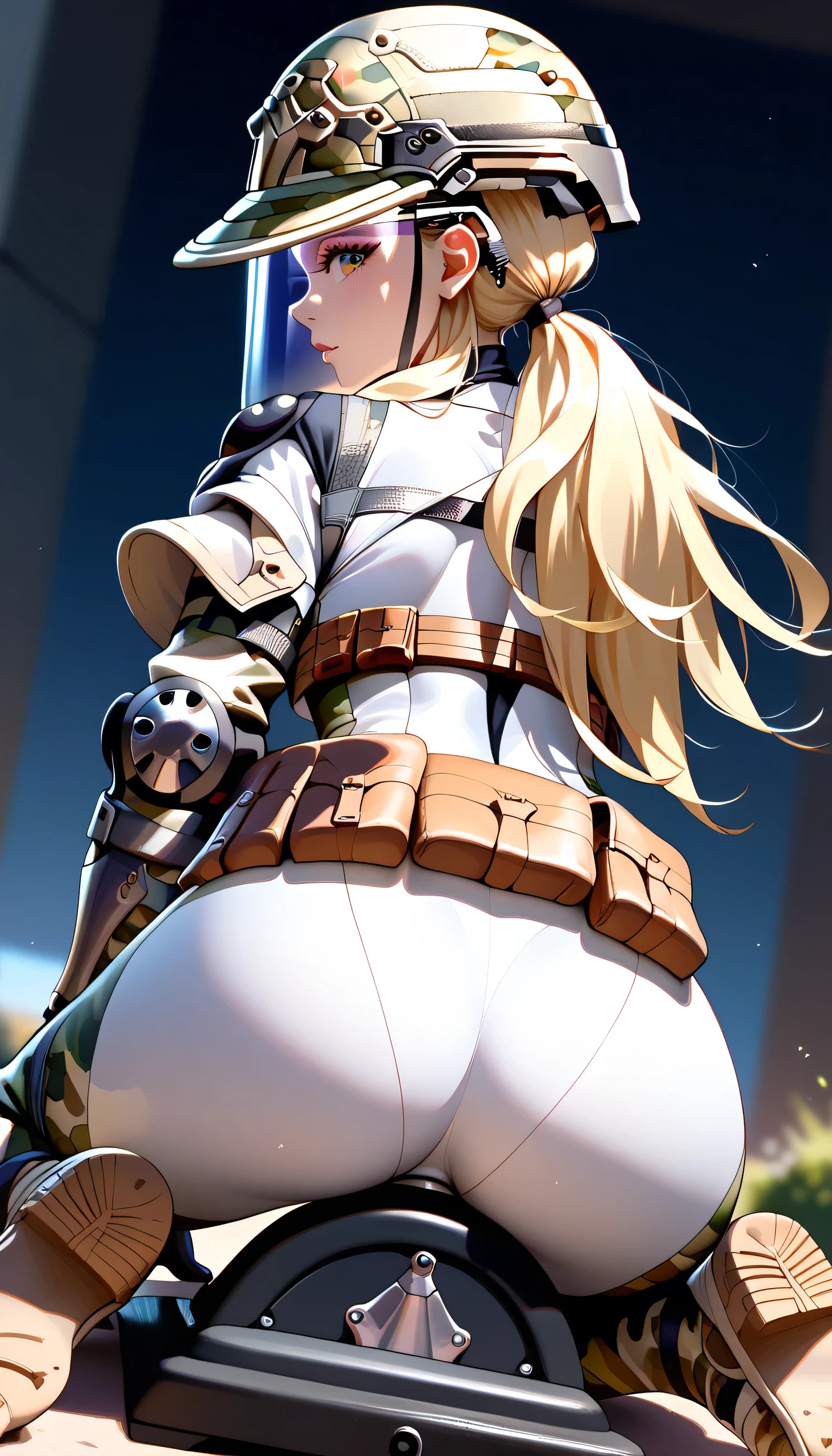 The background is a wilderness battlefield.、Nun in a black high-cut swimsuit、Blonde long hair、Black short boots、Enemy Soldiers'The gun is pointed at the girl.、A girl who looks at the viewer with an innocent smile, unaware of anything、The girl is killed、The girl stands proudly with her chest held high、alone