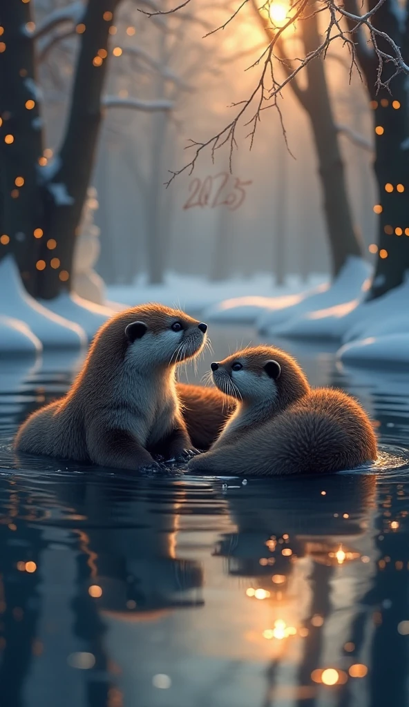  Two beautiful otters mom and daughter. With soft and silky hair .  The mother is lying in the water of a river and the daughter otter lying in the mother's belly opening up from the cold. In the river you can see the reflection of a written text "Happy 2025  " Both radiate luminosity and joy .  There are trees with garlands of lights around .  There are snow and a snowman . There are several trunks . undefined, undefined, undefined, undefined, 