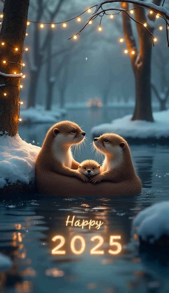  Two beautiful otters mom and daughter. With soft and silky hair .  The mother is lying in the water of a river and the daughter otter lying in the mother's belly opening up from the cold. A written text is reflected in the river "Happy 2025  " Both radiate luminosity and joy .  There are trees with garlands of lights around .  There are snow and a snowman . There are several trunks . undefined, undefined, undefined, undefined, undefined, 