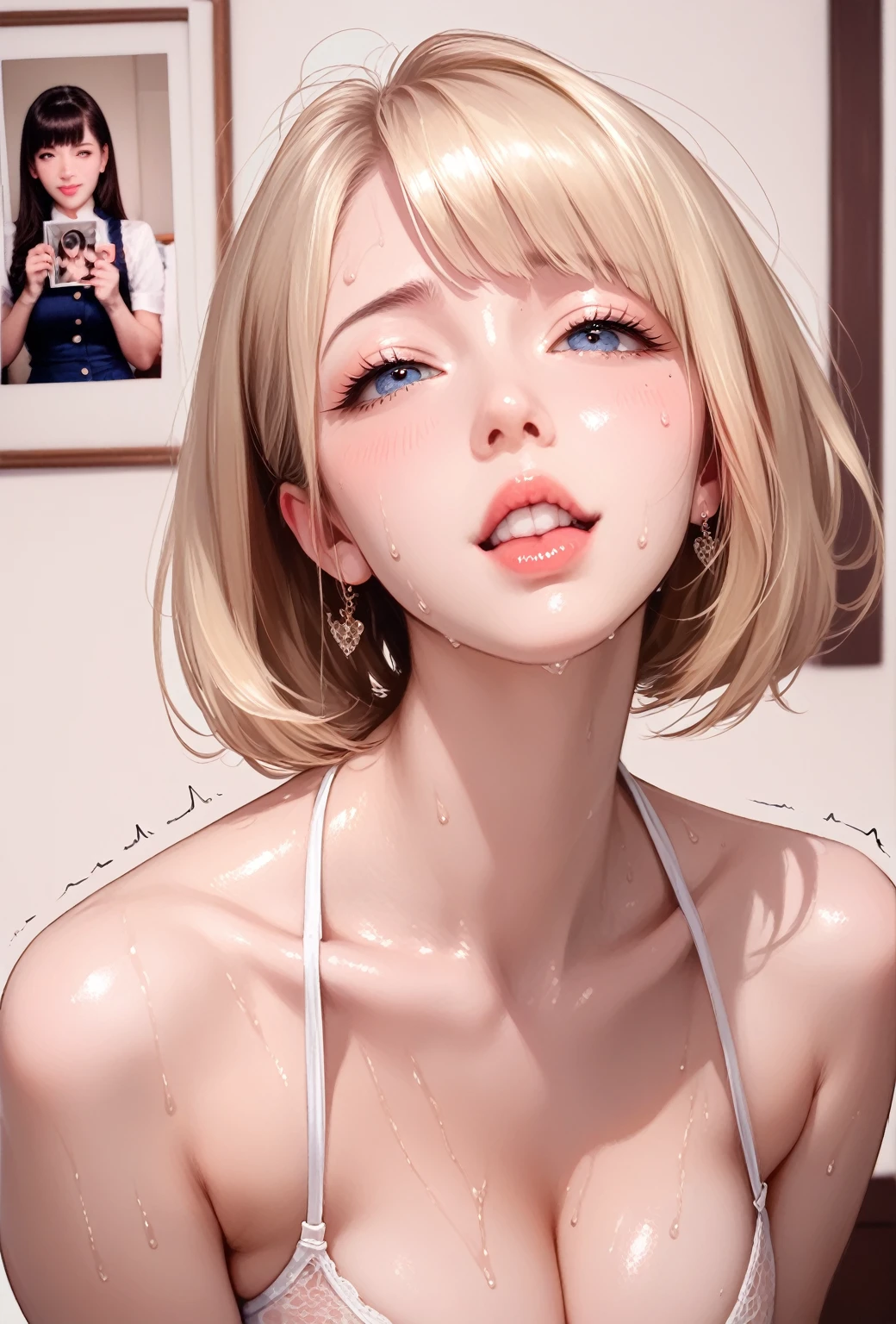(((Masterpiece))), (((official portrait))), white hair, diffused light, dynamic shadows, sharp focus, realistic, detailed, highres, absurdres, white background, no bra, photorealistic, lifelike, steamy, sweaty, blushing, sleeveless, youthful appearance, moaning, lip gloss, armpit, head tilt, head facing viewer, (((looking at viewer))), (((bare skin))), ((slim)), ((sweet looking)), ((medium chest)), submissive