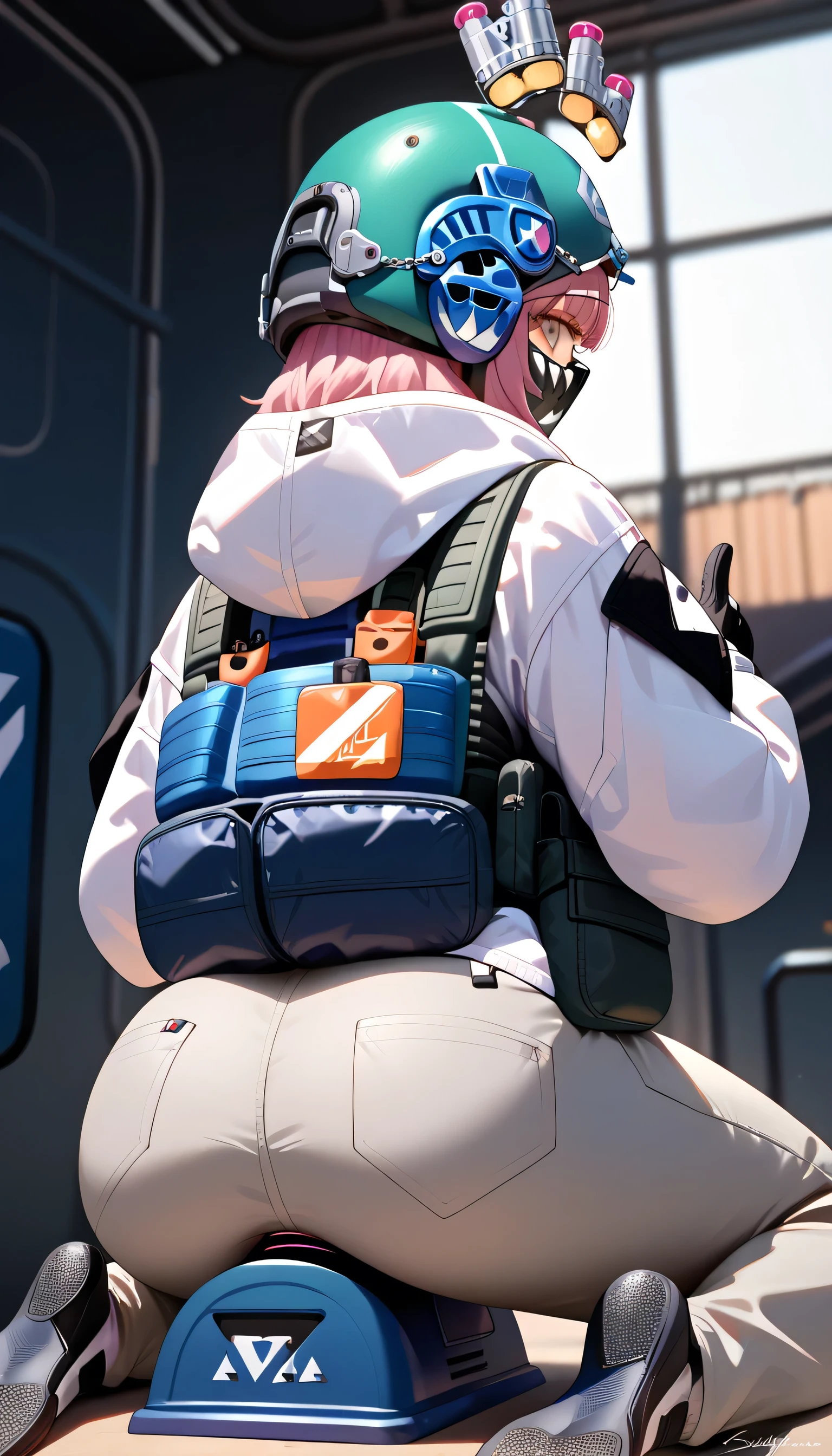 score_9, score_8_up, score_7_up, masterpiece, highest_quality, ultra_detailed, from_behind, solo_girl_focus, girl is (sldreg, pink hair, bangs, helmet, headgear, goggles, mask, white hoodie, bulletproof vest, tactical clothes, gloves, grey pants, pink eyes, looking_back, kneeling):1.5, five_fingers, detailed_face, full_of_details, perfect_hands, perfect_fingers, dramatic angle, dynamic_angle, dynamic_perspective, out-of-frame_censoring, covering_privates, ride_on_vibration_sybian, motion_line:1.5