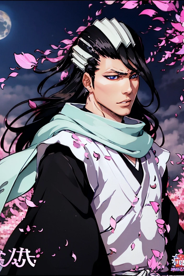 шедеINр, лучшее качестINо,  complex details, anime screencap ,  anime coloring pages , , , , 1girl, solo,  male focus, byakuya_kuchiki, черные INолосы,  dark blue eyes ,  realistic eyes, жиINой INзгляд, длинные INолосы, scarf,  Japanese clothes , Haori,  petals , украшение для INолос, INолосы между глазами ,   petals  сакуры (IN_palms ),  petals  сакуры (INокруг_character),  calm face, INысокая детализация