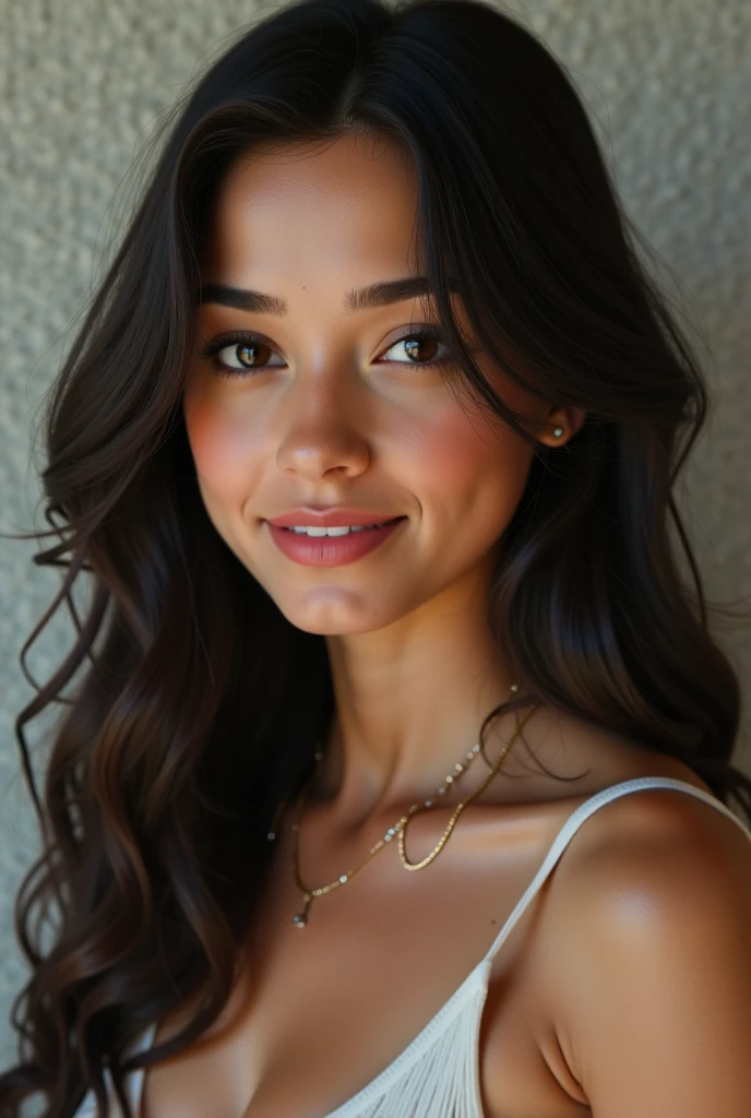 fille mexicaine, Long wavy hair, dark brown eyes, avec robe rose