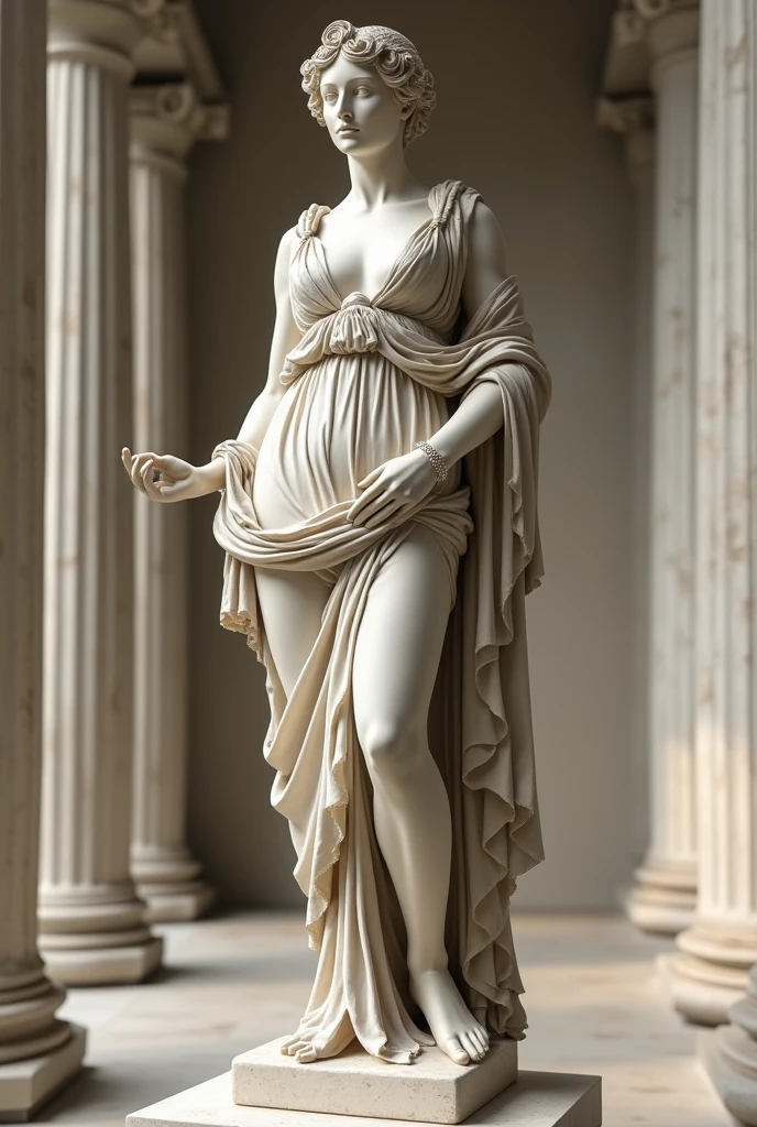 Create an elegant and feminine marble statue of a 50 year old woman in a classic Greco-Roman style.
The background is completely black