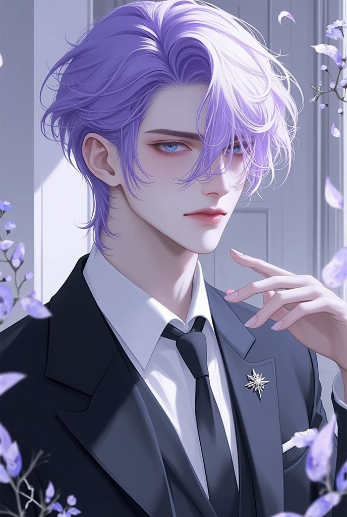 a close up of a person wearing a suit and tie, manhwa, delicate androgynous prince, tall anime guy with blue eyes, handsome prince, beautiful androgynous prince, anime handsome man, extremely handsome, handsome anime pose, Light purple haired yoongi, inspired by Bian Shoumin, handsome guy in demon slayer art, a handsome man，Light purple short hair, sexy pose