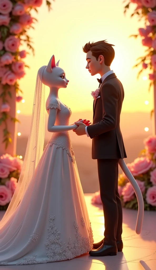 Award winning photography, close-up short, professional photo, cinematic lighting, masterpiece in maximum 16K resolution, ultra detailed, superb quality, side view of a ((mouse)) love couple standing on the (edge of the decorative peak:1.2), (Gothic clothes:1.2) with complex white patterns, (amidst the classic wedding ceremony), (columns surrounded with red roses, floating petals), twilight romantic see behind, warm hues.