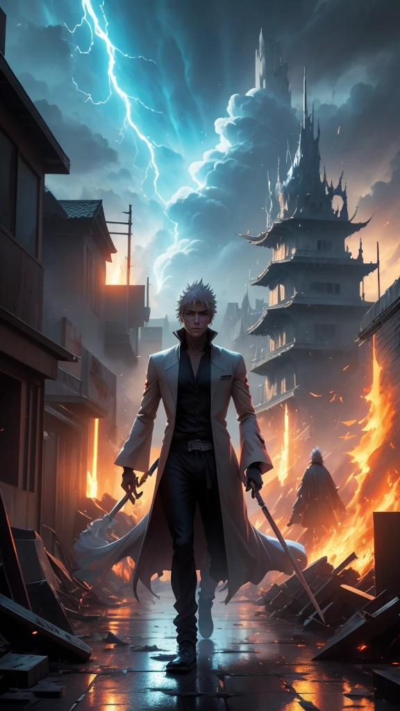 A detailed 3D shot of Ichigo Kurosaki in full body, wearing his Soul Reaper robes and wielding Zangetsu. He is walking in a scene featuring ruined buildings, scattered debris, and glowing spiritual energy in a stormy sky. Smoke and fire accentuate the intense battle environment.
