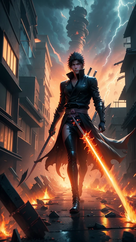 A detailed 3D shot of Ichigo Kurosaki in full body, wearing his black Soul Reaper robes and wielding Zangetsu. He is walking in a scene featuring ruined buildings, scattered debris, and glowing spiritual energy in a stormy sky. Smoke and fire accentuate the intense battle environment.
