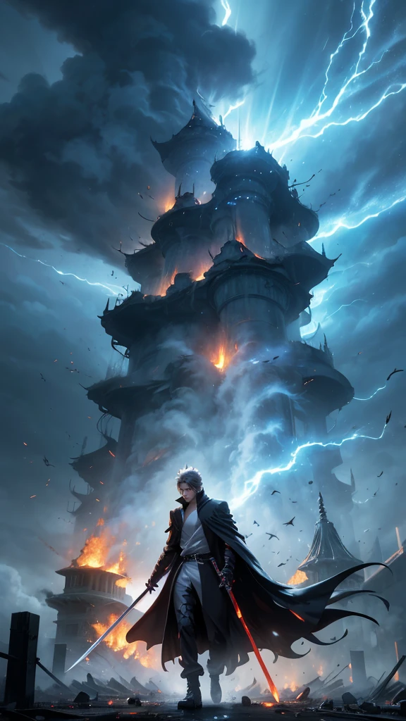 A detailed 3D shot of Ichigo Kurosaki in full body, wearing his black Soul Reaper robes and wielding Zangetsu. He is walking in a scene featuring ruined buildings, scattered debris, and glowing spiritual energy in a stormy sky. Smoke and fire accentuate the intense battle environment.
