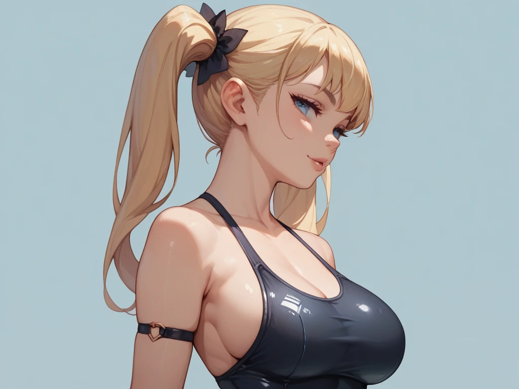 1girl, solo, young, seductive, perfect eyes, sexy body, blonde Twintail hairstyle, large breasts, black sexy swimsuit, very detailed, HD, plain background