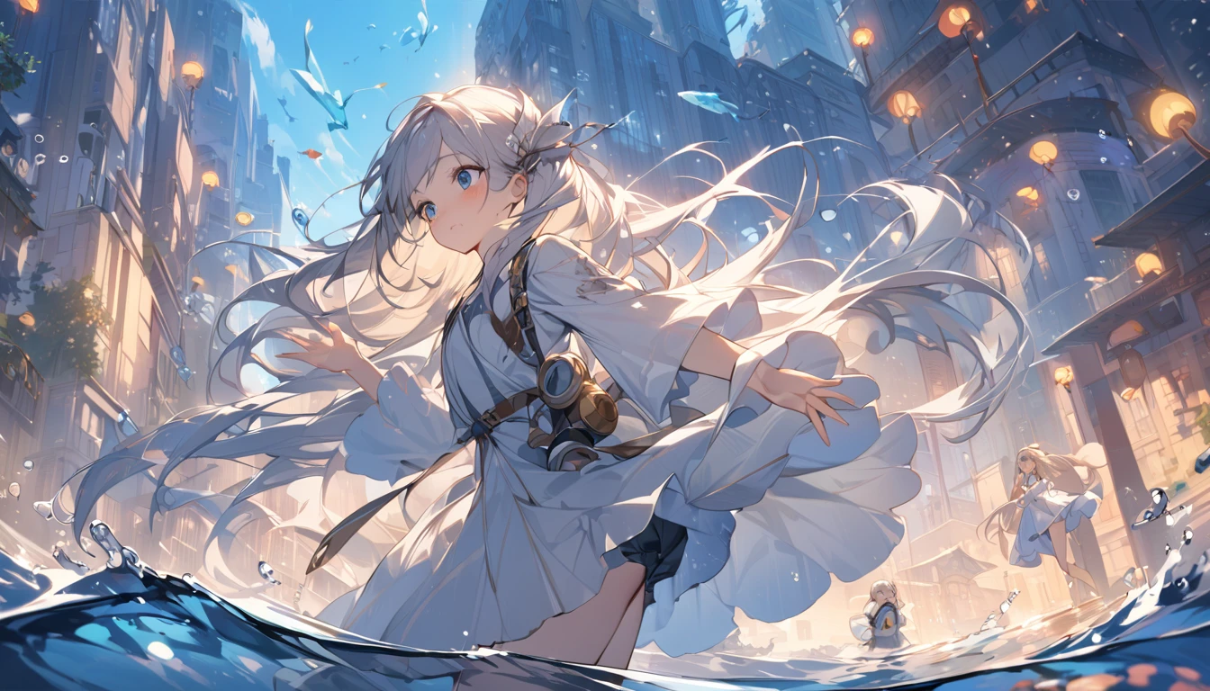 (Watercolor style, Ghost Art) + A majestic river with panoramic views + Costume bag (Overlooking) + (flow + Subtle reflection) + (blend + Splash) + (Light and shadow are clear + Swinging Dynamic)