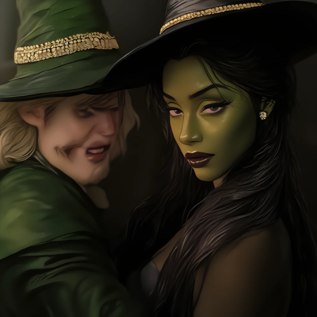 8k, foto RAW, quality: 1.25), (lip gloss, eyelash, glowing face, dark skin, Best quality,   in very high resolution ,  Depth of field ,  chromatic aberration , caustics, Moisturized lips, Ultra-trimmed face,  Detailed Radiant Eyes,[elphaba holding Glinda,  both looking forward, based on the movie Wicked .]