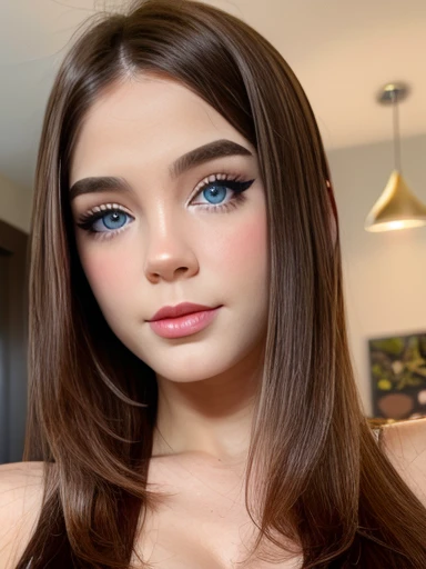  Beautiful girl with long brown hair and very provocative blue eyes pink cheeks full lips dark makeup cute face looking at the viewer, slanted showing and playing with her huge boobs realistic photo