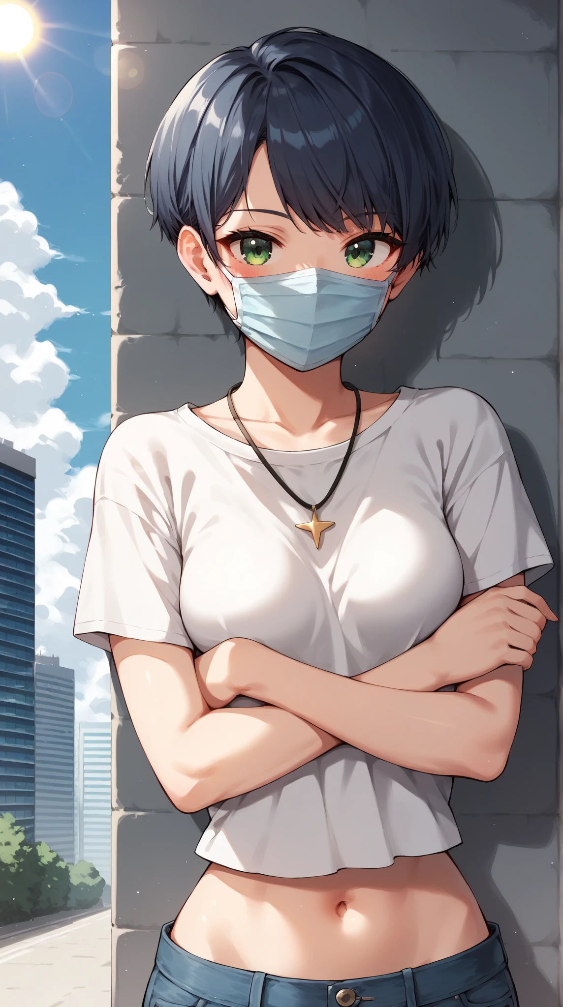  Anime-style character, score_9, score_8_up, score_7_up, source_anime, style_name, 1girl, adult, perfect woman, Single Shot, Upper body and head, medium shot, attention to woman, facing viewer, green eyes, short hair, pixie cut, straight hair, dark blue hair, mouth mask (black mask, covered mouth:1.1), joyful look, wholesome, blush, necklace, Oversized t-shirt (white:1.1), jeans (blue:1.1), navel, whole body, small breast, Ample breasts, inverted triangle figure, thick body, toned, dramatic pose, Crossed arms (perfect anatomy, perfect proportions, perfect figure:1.3), (background: Outdoor, city, cloud, sun, building),