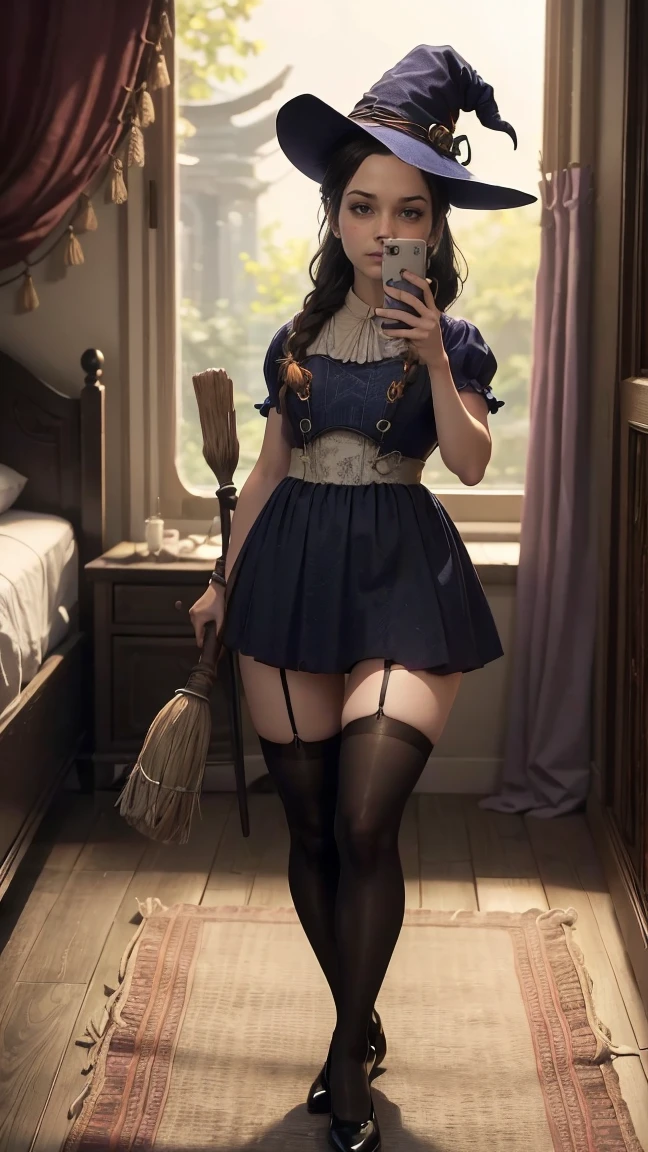  Sister  ((  full body view  )),   long curly blue hair tied and forming an upward braid  ,  very beautiful seductive look , Blue eyes,  very large breasts, legs in shape,  very large buttocks , (( She is in her room taking a selfie.)) ((Dressed in a witch costume with her witch's hat and broom in her hand, very sexy and sensual, and black shoes with very long thigh-length stockings)), posing in a very sexy and sensual way ,  Very nice room with a large window ,  Good lighting ,  4K resolution 