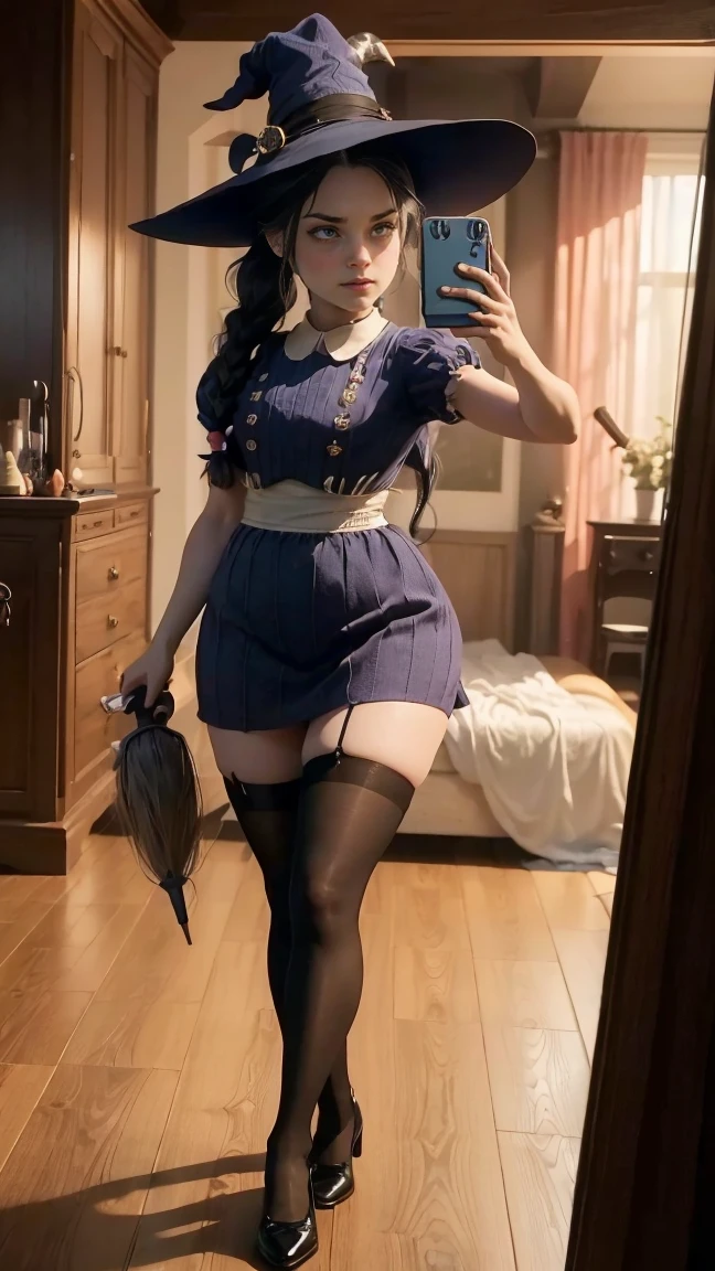 Little Sister  ((  full body view  )),   long curly blue hair tied and forming an upward braid  ,  very beautiful seductive look , Blue eyes,  very large breasts, legs in shape,  very large buttocks , (( She is in her room taking a selfie.)) ((Dressed in a witch costume with her witch's hat and broom in her hand, very sexy and sensual, and black shoes with very long thigh-length stockings)), posing in a very sexy and sensual way ,  Very nice room with a large window ,  Good lighting ,  4K resolution 