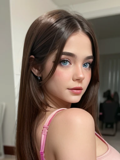  Beautiful girl with long brown hair and very provocative blue eyes pink cheeks full lips dark makeup cute face looking at the viewer, slanted showing and playing with her huge boobs realistic photo