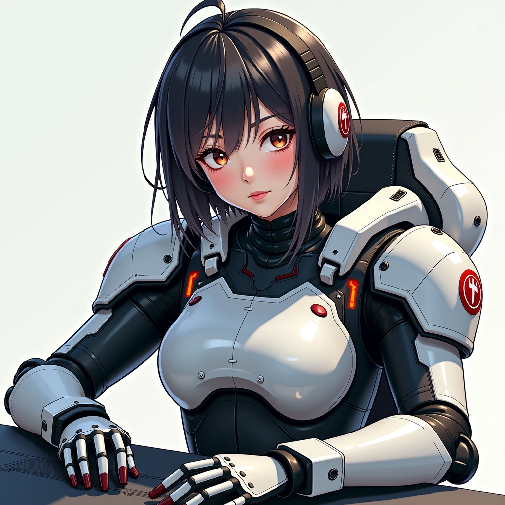 Girl with white mecha headset with black hair and wearing a gray turtle neck top