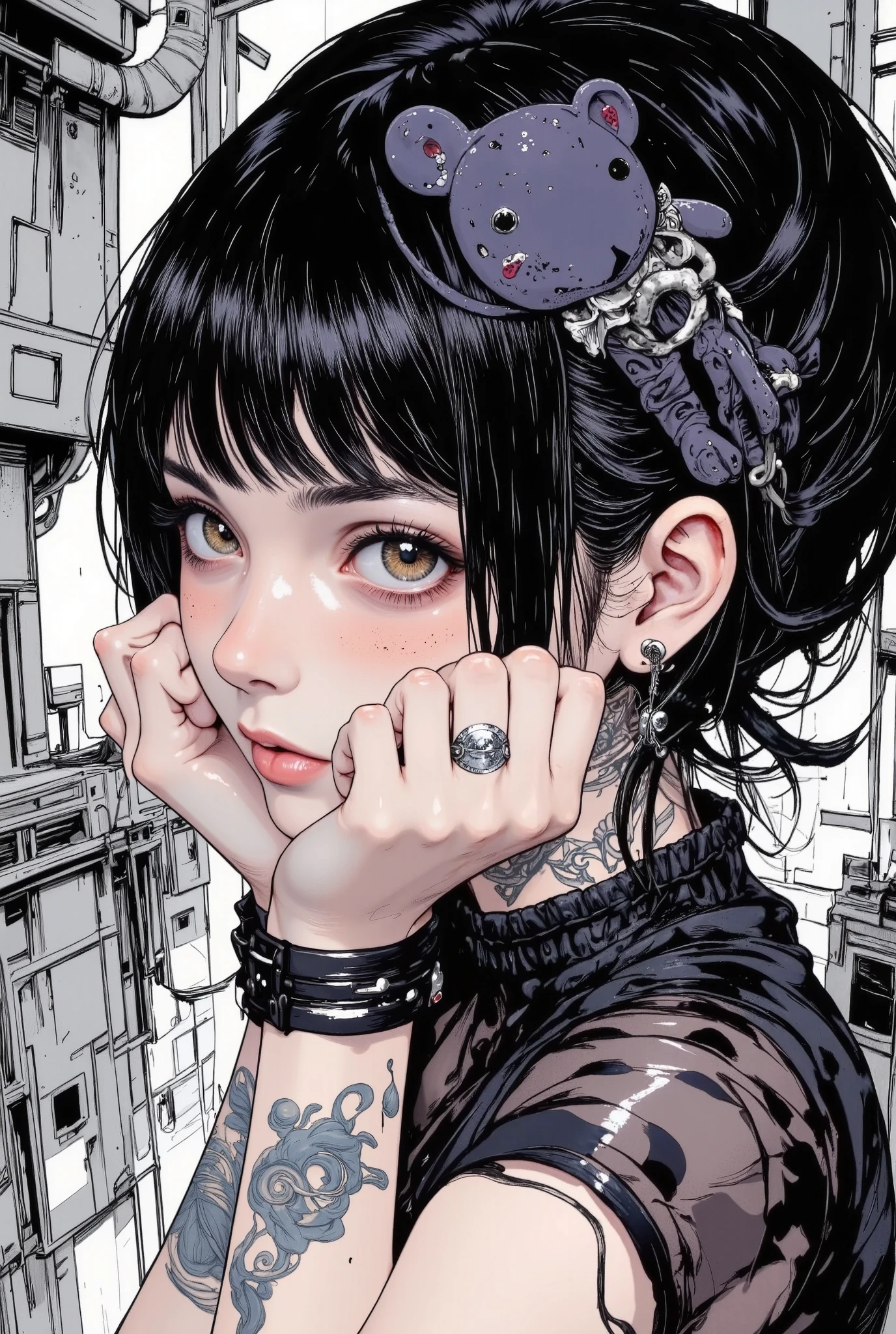 Manga style:1.51,  Anatomically correct :1.5,  Close-up of a young woman with tattoos on her arms and left cheek,  bangs up to her eyebrows , light eyes,  her head tilted slightly downwards ,  looking at the camera ,  boucles sur les côtés de sa tête ,  wears long hair with braids Careful ,  Black hair,  boucles d'oreilles dans chaque oreille ,  elle appuie son menton avec les deux mains ,  she wears rings ,  tie suit on the top and shoulders , jupe courte moulante ,  long black media transparent , bracelets on their hands,  has a black teddy bear on her knees ,  gray background with different brushstrokes , gothic style:1.3, sombre,  Your expression is one of sadness  ,  digital art by Hikari Shimoda  , dans CGSociety  ,  surréalisme pop ,  low quality pop surrealism  ,  surréalisme pop  low quality art style, Beeple y Jeremiah Ketner,  Japanese pop surrealism  , Cute kawaii, low quality art,  bel art détaillé ,  illustration in the style of Guweiz  ,  surrealist pop art style 