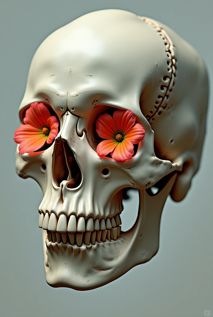 Skull facing upwards towards the stars in profile view in Art Nouveau style, Inspired by the fluid lines and organic shapes typical of Alphonse Mucha. Two lit candles coming out from the skull sockets , Intricate details of flowers and vines adorn the skull, integrating natural elements such as leaves and flowers into an elegant and detailed pattern.