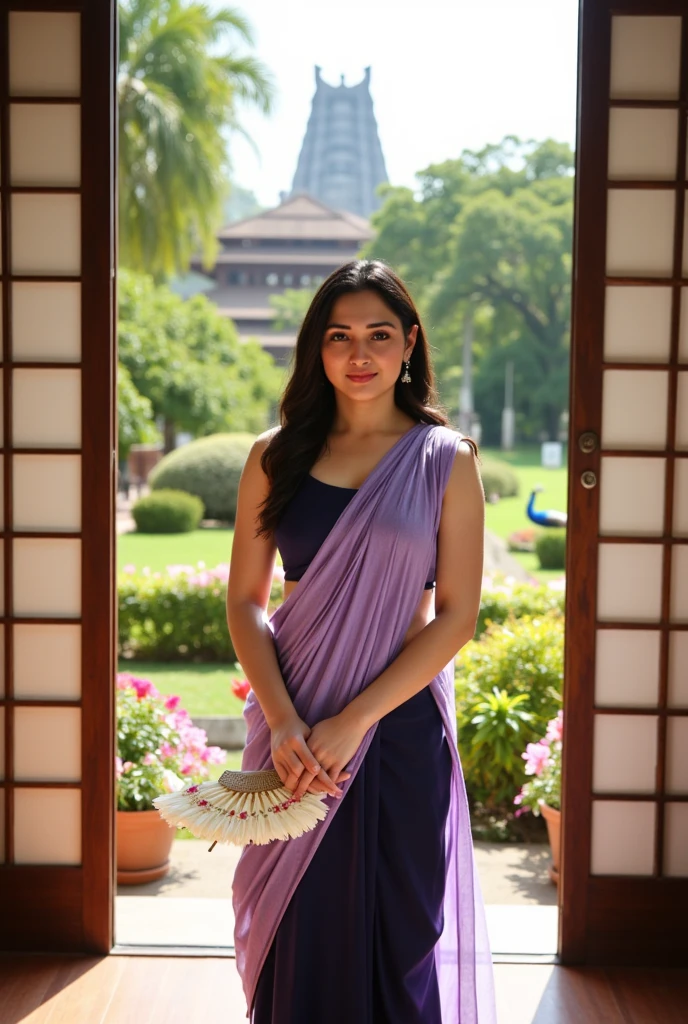 Generate a photorealistic portrait of Tamannaah Bhatia set in a traditional Indian environment during the late afternoon. The scene is captured from a slight Dutch angle to infuse a dynamic element into the otherwise serene setting. Tamannaah stands in a room featuring wooden floors and sliding rice paper screens that open onto a tranquil garden filled with lush green trees, vibrant flowers, and a few peacocks strolling gracefully. The sky is a brilliant blue with scattered clouds, and in the distance, a traditional Indian temple with a majestic gopuram enhances the cultural backdrop.

Tamannaah is attired in a light lavender, sleeveless kurta with subtle vertical stripes, paired with dark navy salwar pants. A dark purple dupatta is artfully draped over one shoulder, adding a pop of color to her ensemble. Her long, straight black hair frames her fair complexion and expressive brown eyes, which reflect the peacefulness of her surroundings.

Her posture is demure; hands are gracefully folded in front, holding a delicate flower fan that complements the floral motifs in the room. She eschews any forehead decorations, maintaining a look that is both traditional and understated.

The room is bathed in soft, natural light filtering through the open screens, casting gentle shadows that highlight the textures of her clothing and the wooden elements of the room. The overall atmosphere exudes calmness, tradition, and elegance, with Tamannaah embodying the essence of grace and beauty in this idyllic setting.

Ensure the generated image is highly detailed and photorealistic, with impeccable skin texture. Utilize 'tamanna' as a keyword to activate the corresponding LoRA for accurate representation of Tamannaah's features.