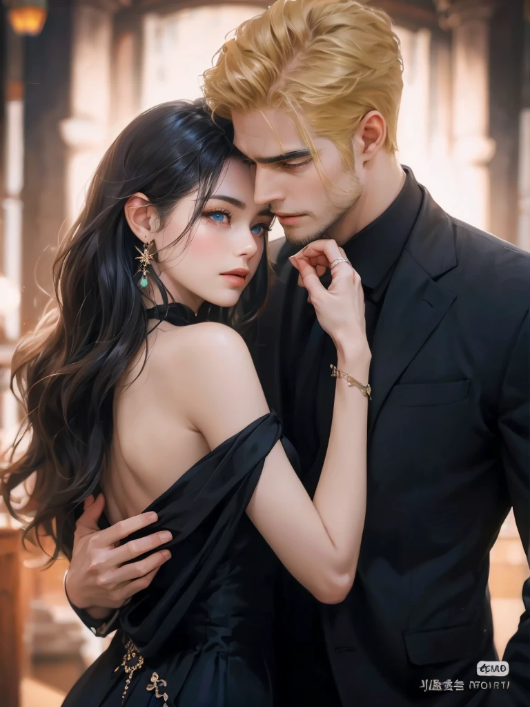  Araffa has a man in a suit and especially a woman in a black dress.,  Guweiz-style artwork , by Yang J., Ruan Jia and Artgerm, Cai Xu Kun, por Ni Tian, digital art of a elegant, adorable couple , couple pose,  inspired by Yanjun Cheng , ruan jia and brom, In Bowater art style, The man has amber eyes ,