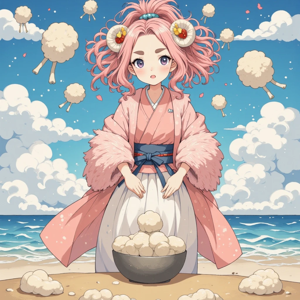 masterpiece:1.3,  highres icon:1.3, (Alone:1.2, ), One Girl \She has fluffy pink hair tied up:1.5\Round sheep horns:1.2\Thick eyebrows:1.1\ pink furry sleeve \long-sleeved kimono:1.5,  I'm surprised:1.5, Has a pestle:1.5, Making mochi :1.5,  flying high in the sky :1.5, mortarから餅がのびる:1.5, mortar:1.5, ( dynamic pose:1.3)